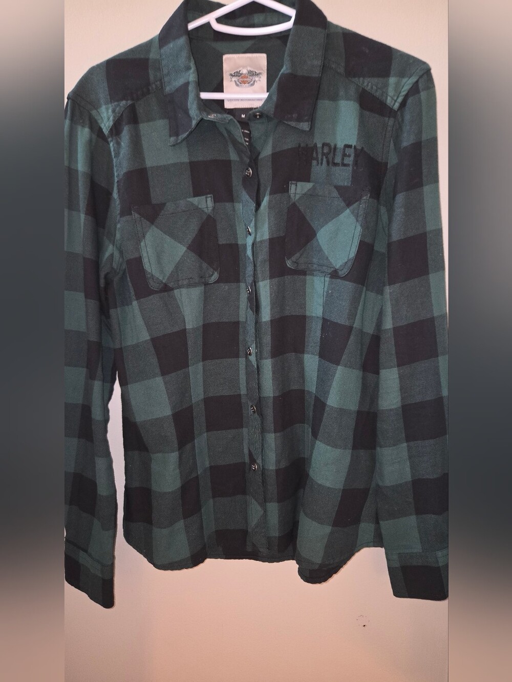 Harley-Davidson Green and Black Plaid Button-Down Shirt Size Medium